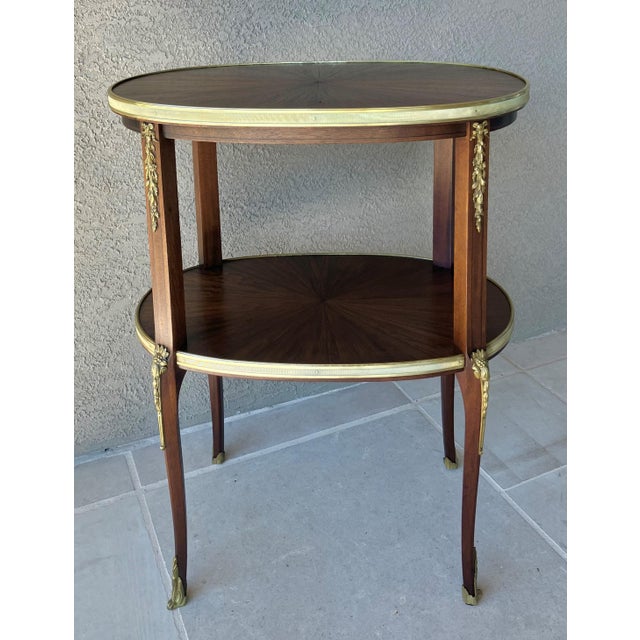 Circa 1930 Louis XVI-Style Mahogany Starburst Marquetry Two-Tier Oval Accent Table With Brass Mounts For Sale - Image 9 of 18