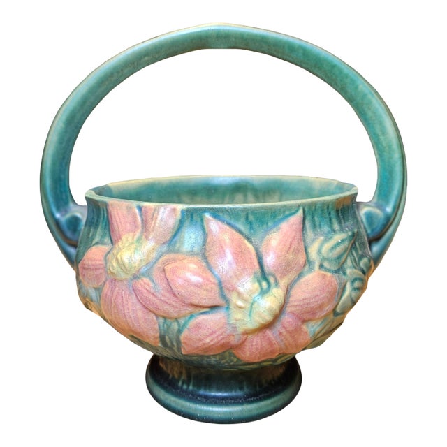 1940s Roseville Pottery Pink Clematis Basket For Sale