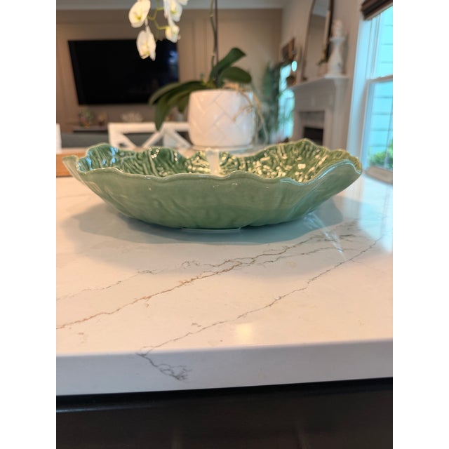 14.5” x 12.5” Portuguese ceramic cabbageware centerpiece bowl by Bordallo Pinheiro. Features richly detailed leaf veining...