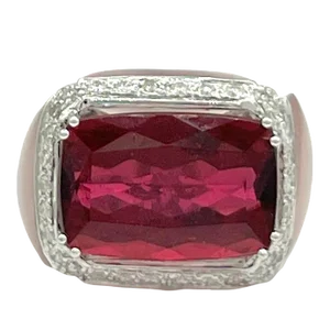 Mid 20th Century Rubellite, Diamond, and Rose Quartz Cocktail Ring in 18k White Gold Size 7