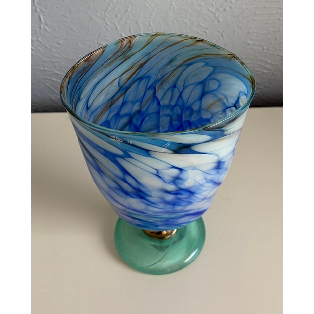 Blue Blue & White Swirl Handmade Art Glass Vase For Sale - Image 8 of 8