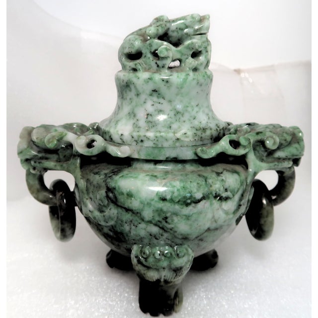 Chinese Vintage Chinese Jade Incense Burner, Covered, With Tripod Feet, Foo Dog Finial and Dragon Head Loose Ring Handles For Sale - Image 3 of 16
