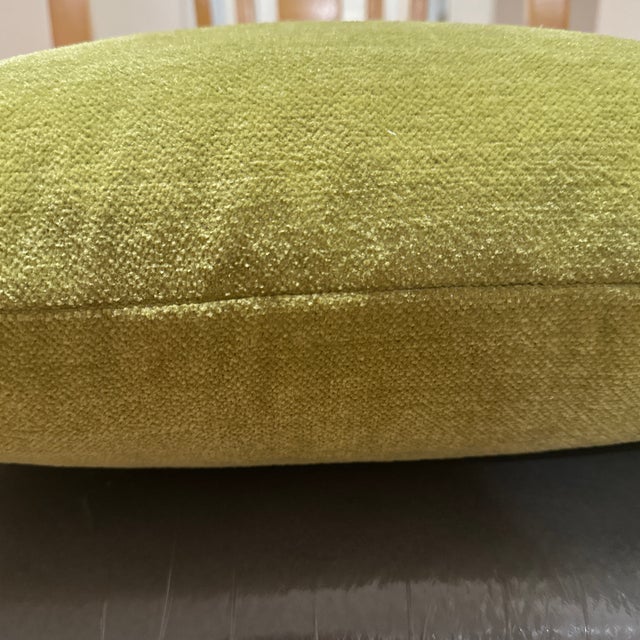 Handcrafted decorative pillow cover, solid chartreuse velvet in the middle, and back, chartreuse cream strips on both...
