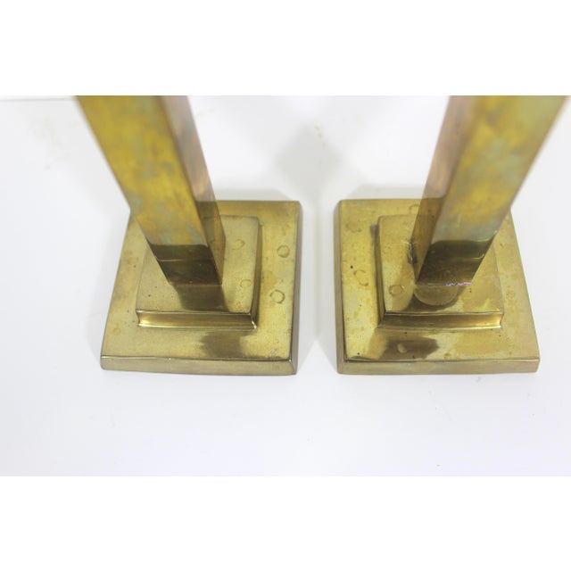 Mid 20th Century Mid Century Set of Two Vintage Brass Candle Holders, Candle Sticks, Pair of Candleholders, 2 Tall Candlesticks Retro Patina Square For Sale - Image 5 of 7