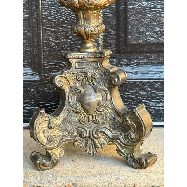 17th Century 17th Century Italian Baroque Bronze Altar Candelabra Lamps, Marian Monogram - Pair For Sale - Image 5 of 6