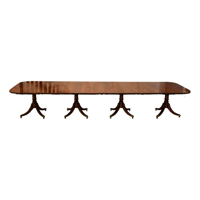 Antique English Mahogany Banquet Dining Table 22/24 Seater 4 Pedestal 3 Leaves , 1920 For Sale
