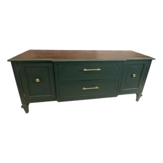 Vintage Emerald Green Credenza Media Console With Walnut Finished Top For Sale
