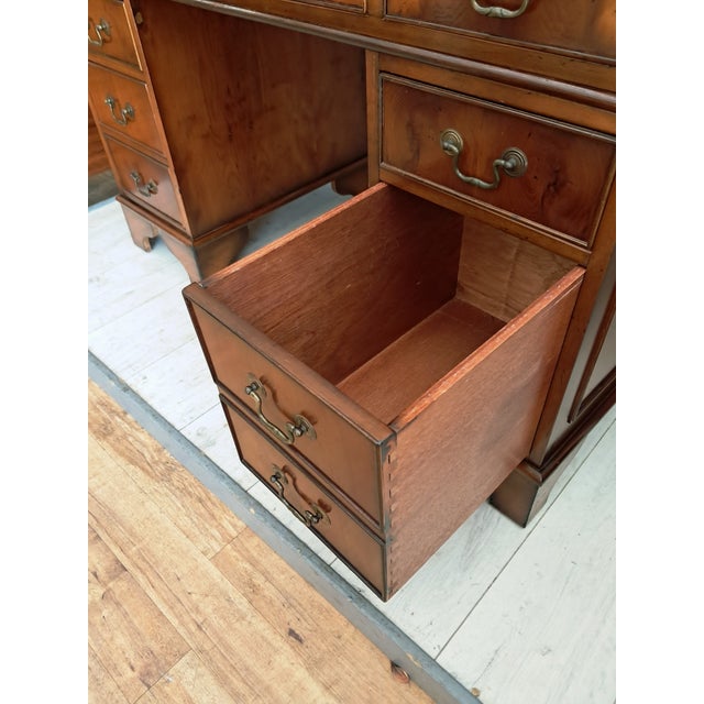 Antique Twin Pedestal Desk in Dark Yew Wood and Leather Top, 1980 For Sale - Image 18 of 18