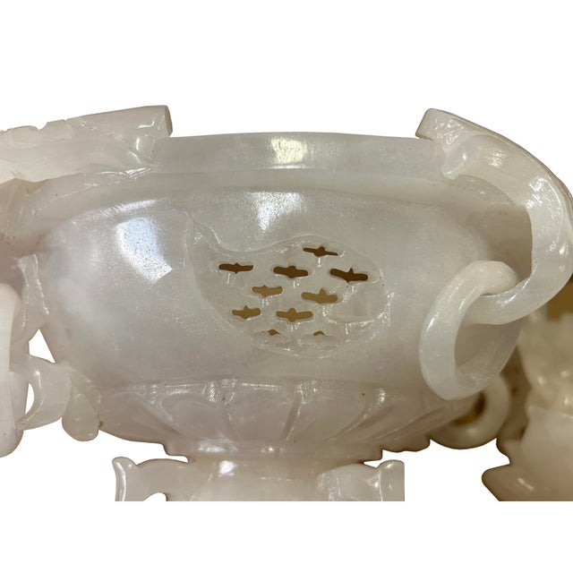 Asian Dragon Relief Carving White Stone Incense Holder Lidded Urn Ceremonial Vessel For Sale - Image 13 of 18