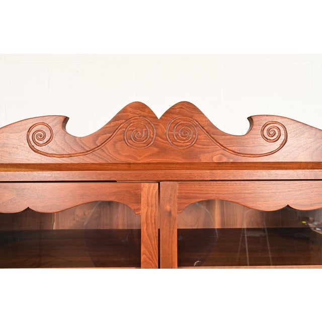 Brown English Country Farmhouse Carved Walnut Bookcase Cabinet, 1970s For Sale - Image 8 of 13