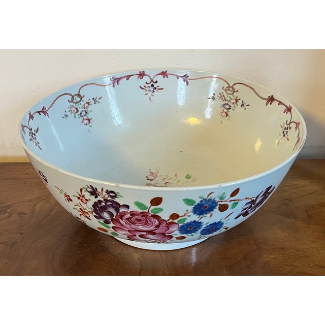 Large Antique Early 19th Century Chinese Export Porcelain Famille Rose Punch Bowl Painted With Exuberant Flowers For Sale - Image 9 of 17