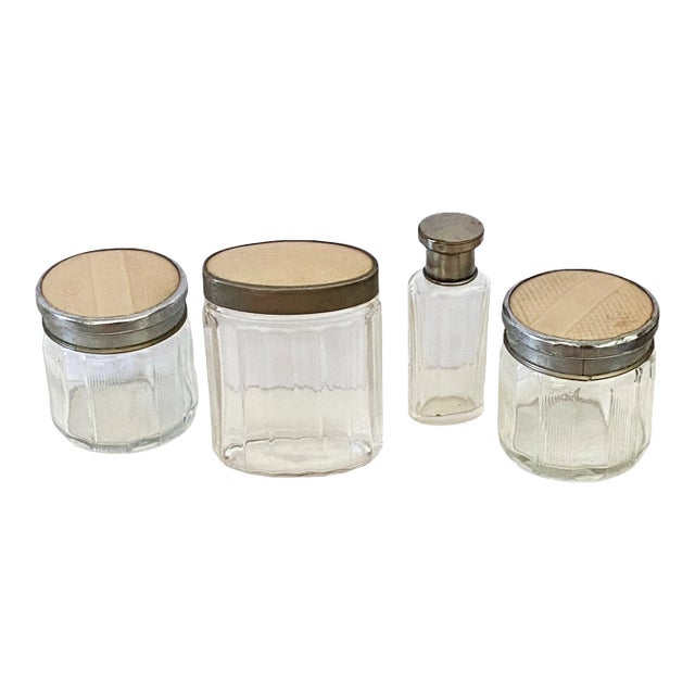 Vintage Early 1900s Set of Four French Glass Vanity /Dresser Containers W/ Lids For Sale