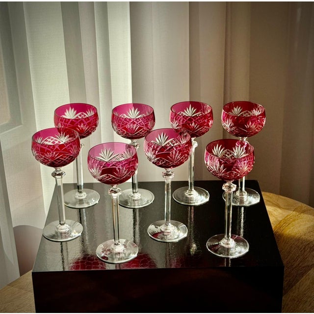 Ruby Cut-to-Clear Crystal Cordial Glasses attributed to Val Saint Lambert, 1950, Set of 8 For Sale - Image 16 of 18