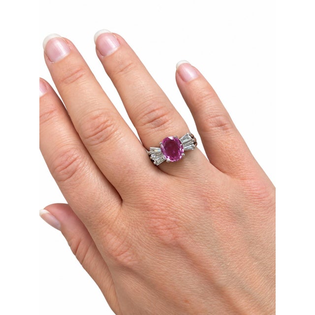 Contemporary 1980s Gia 2.37 Ct. Unheated Pink Sapphire and Diamond Ring, 14k White Gold, Size 6.25 For Sale - Image 3 of 10