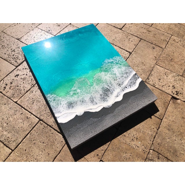Surrender by Ana Hefco | Mixed Media & Resin on Wood Abstract ocean wave and shore scene For Sale - Image 4 of 4
