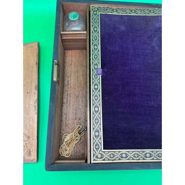 Victorian Antique Victorian Writing Slope Lap Desk Portable Box Velvet Interior W/ Key For Sale - Image 3 of 12