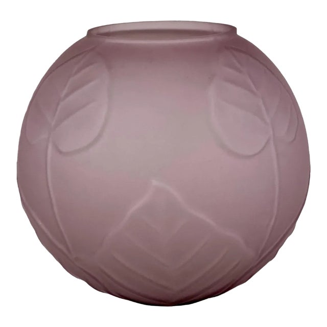 Vintage Art Deco Amethyst Purple Satin Glass Botanical Round Vase For Sale