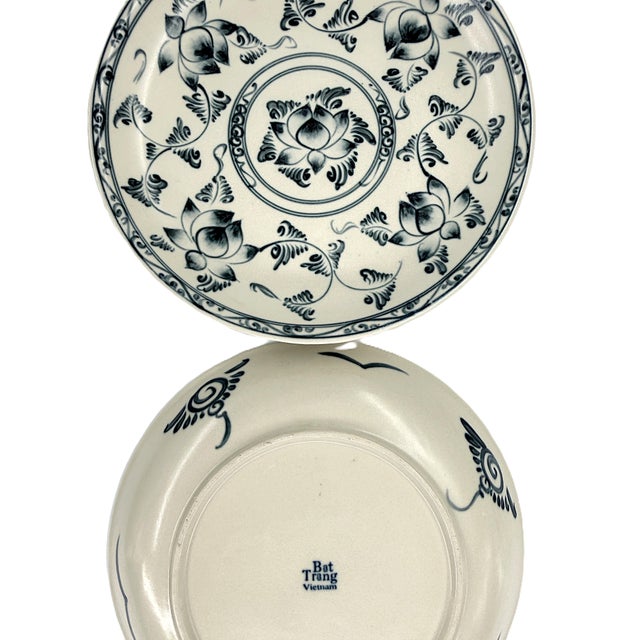 Vintage Bat Trang Vietnamese Ceramic Dinner Plates Blue With Blue and Cream Lotus Floral Motifs - Set of 6 For Sale - Image 4 of 12