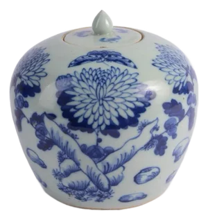 Vintage Chinese Blue and White Chrysanthemum Ginger Jar With Lid — 9”h