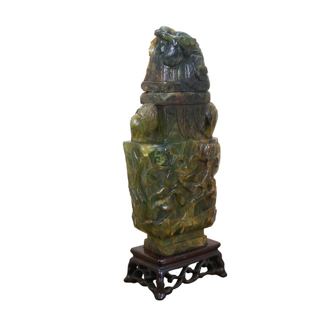 Antique Chinese Qing Dynasty rectangular lidded mantel vase / urn / sculpture, hand carved of heavy chunks of green /...