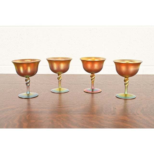 A gorgeous set of four Arts & Crafts or Art Nouveau period Aurene iridescent art glass goblets By Steuben Glass USA, Early...