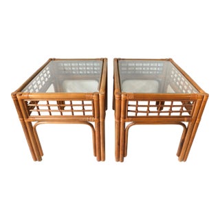 Pair Vintage Mid Century Rattan Bamboo & Wicker Glass Top Side/End Tables For Sale