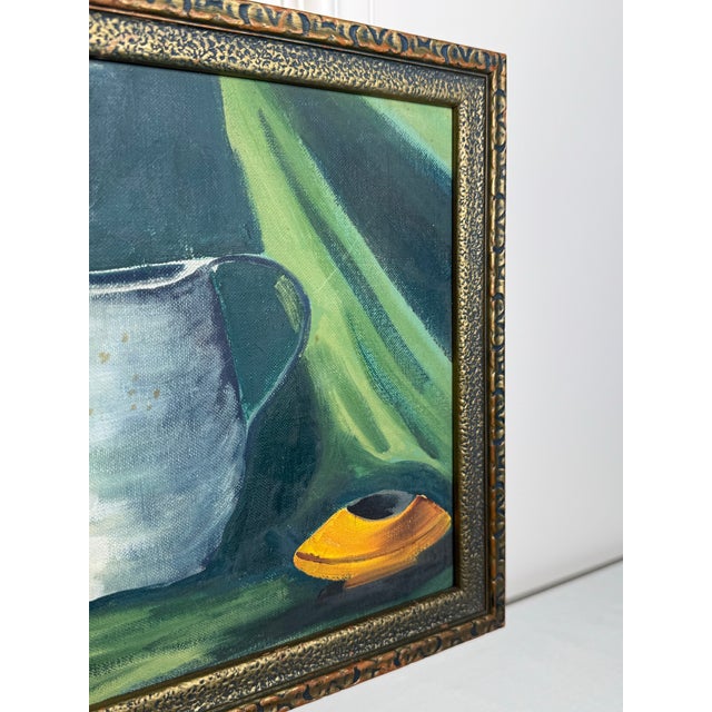 Vintage Modern Expressionism Still Life Gold Framed Original Oil Painting, Green, Yellow, Blue Gray For Sale - Image 11 of 12