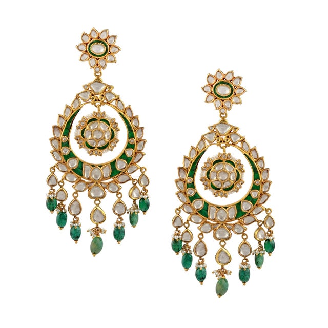 Traditional Kundan Polki Rose Cut Diamond 18 Kt Gold Chand Bali Enamel + Emerald For Sale - Image 15 of 18