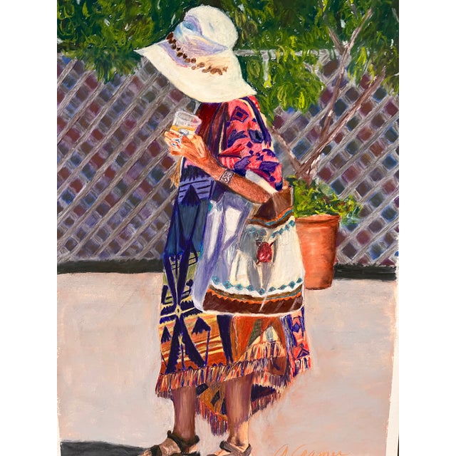 1990s Original Oil Pastel Figurative Painting, Woman in Sun Hat With Southwestern Textiles, Signed (Artists Unknown) For Sale - Image 4 of 6