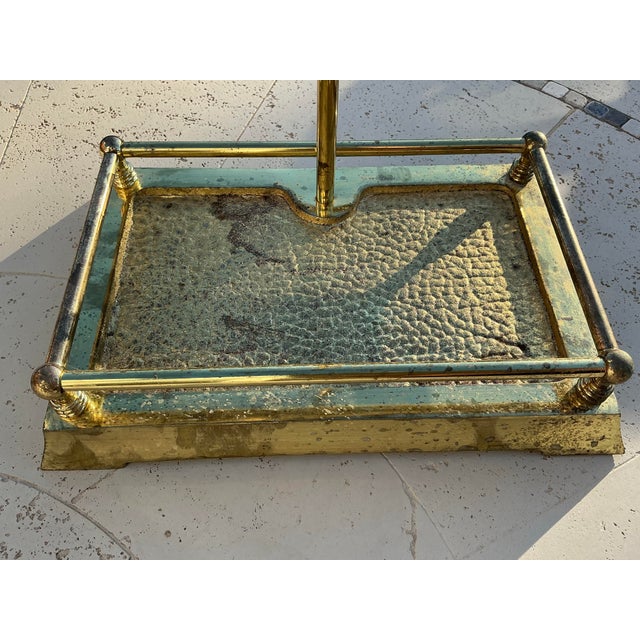 Vintage Brass Fireplace Tool Set With Hammered Hearth Stand and Glass Shelf Base For Sale - Image 11 of 12
