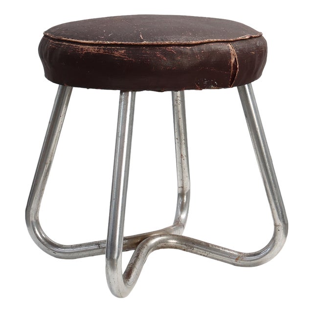 Bauhaus Modernist Stool with Chrome Tubular Frame and Leather Seat, Germany , 1920s For Sale
