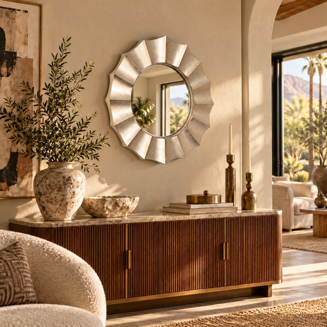 Contemporary Large Contemporary Scalloped Silvertoned Round Wall Mirror For Sale - Image 3 of 11
