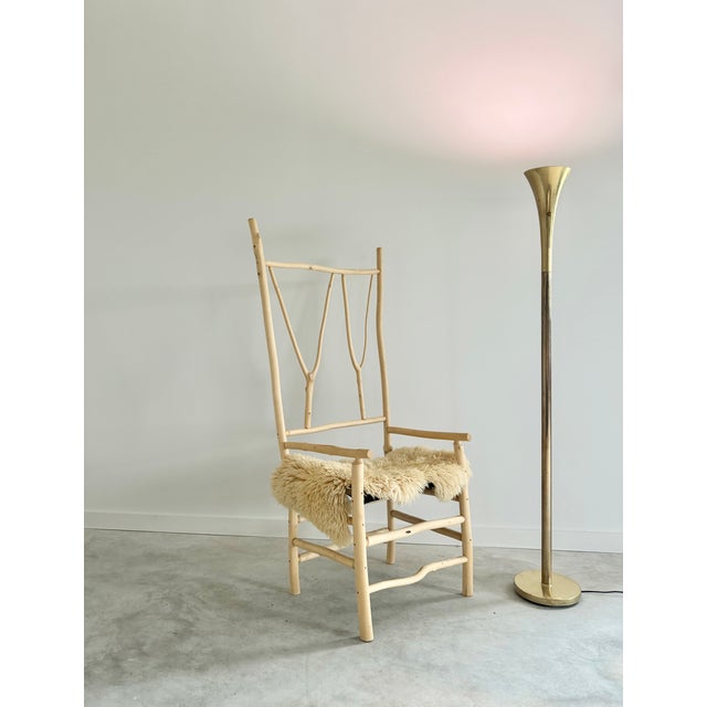 Contemporary Tall Artist-Made Studio Craft Twig Chair + Woven Checkerboard Seat + Sheepskin For Sale - Image 3 of 17