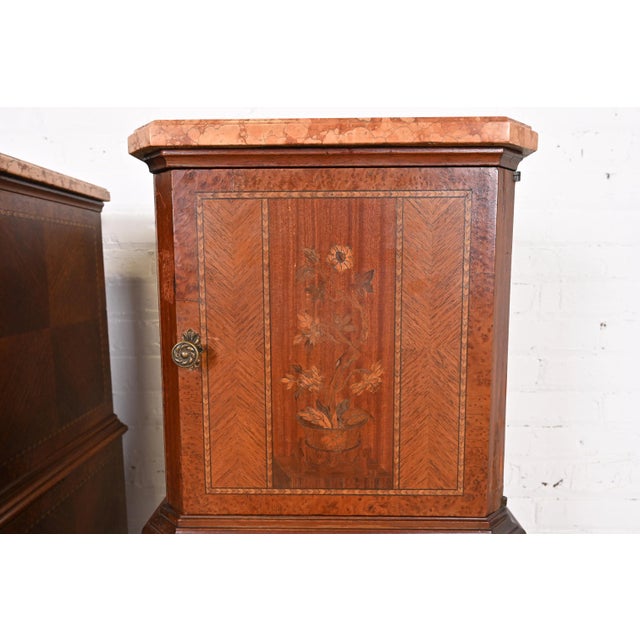 Early 20th Century French Louis XV Kingwood Inlaid Marquetry Marble Top Lingerie Chests, Pair For Sale - Image 5 of 12