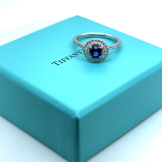 Tiffany & Co. Platinum Blue Sapphire & Diamond Engagement Ring 1.15ct 4.65g, Size 6.75 For Sale - Image 9 of 10