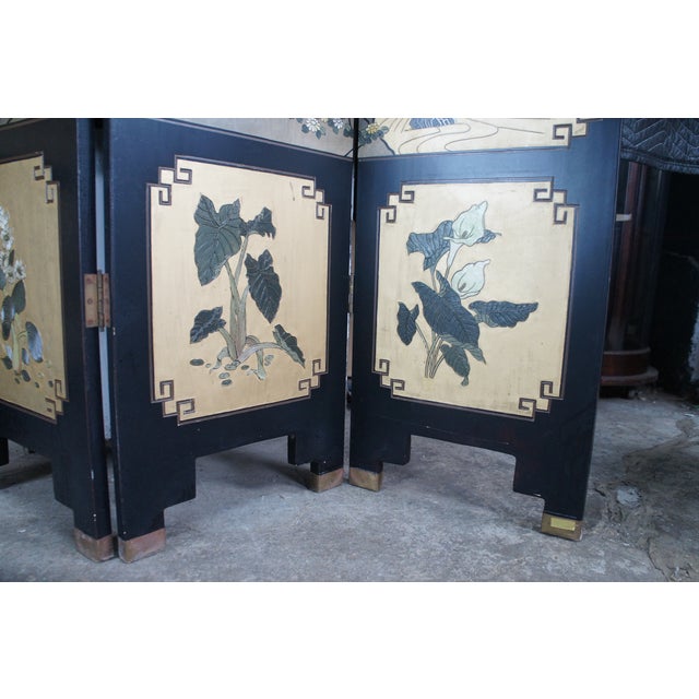 Vintage Chinese Black Lacquer 4 Panel Hand Painted Folding Screen Room Divider For Sale - Image 11 of 18