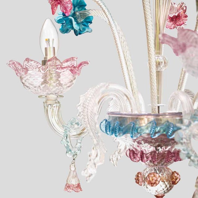 Venetian Murano Glass 3-Arm Chandelier with Flower Decor, 1990s For Sale - Image 3 of 9