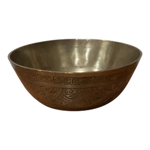 Vintage Handmade Etched Brass Chinese Bowl With Dragon Design Stamped China