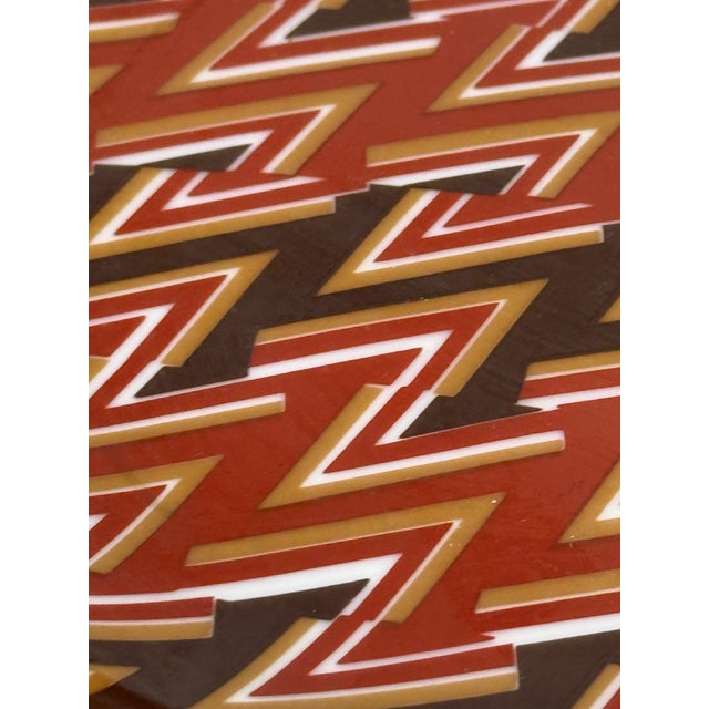 Vintage Neiman Marcus porcelain and pewter bowl featuring a mid-century geometric zigzag pattern. The bowl has a brown,...