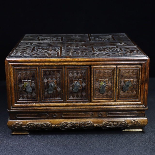 Brown Vintage Chinese Huali Rosewood Treasure Box | Carved Bat & Swastika Motif Chest For Sale - Image 8 of 9