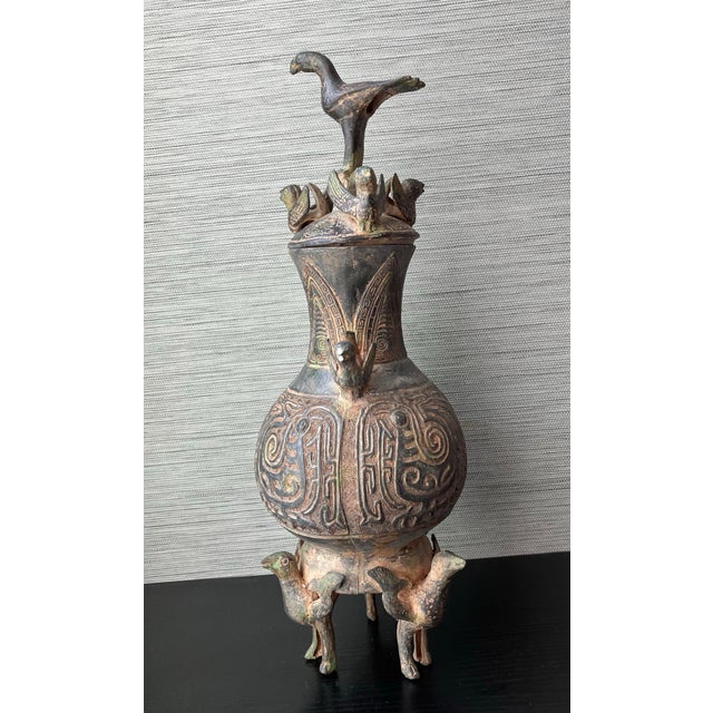 Antique Qing Dynasty Era Chinese Bronze Vessel W/ 3d-Birds, 18" T. X 6" W. For Sale - Image 4 of 12