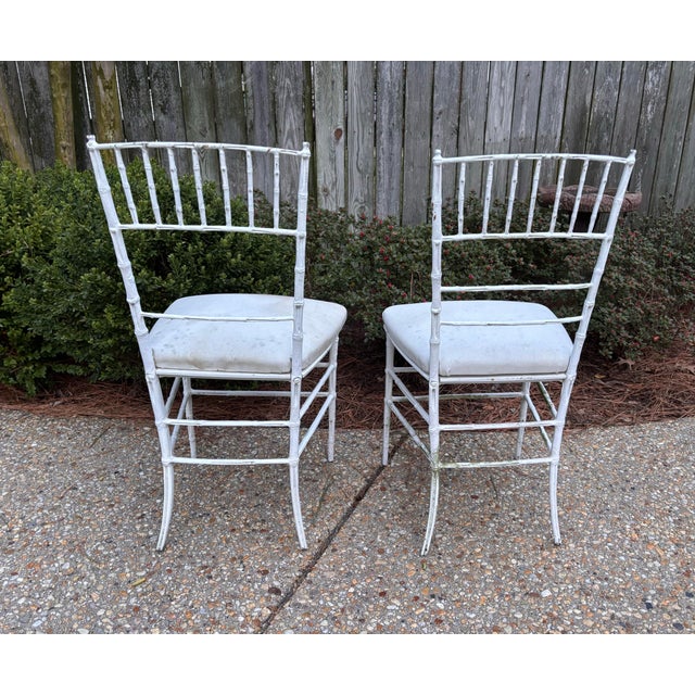 Hollywood Regency Vintage Early to Mid Twentieth Century Wrought Iron Faux Bamboo Petite Side Chairs, a Pair For Sale - Image 3 of 10