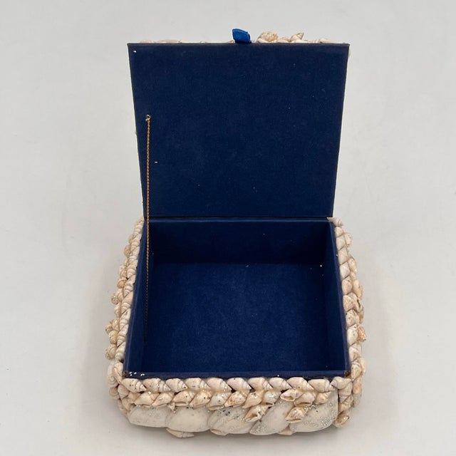 White Vintage Coastal Sailors Valentine Shell Encrusted Trinket Box Blue Interior For Sale - Image 8 of 9
