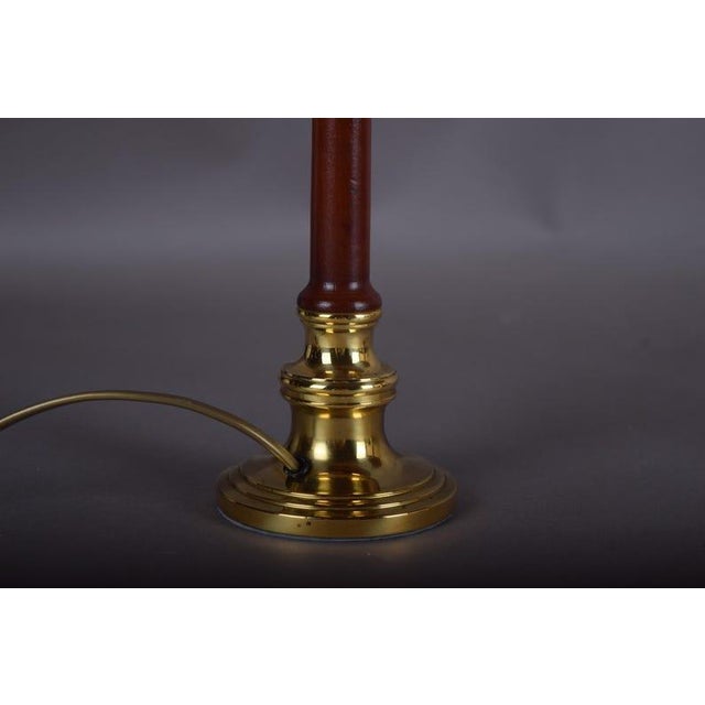 1970s Brass and Wood Table Lamps With Pleated Floral Shades - a Pair For Sale - Image 9 of 9