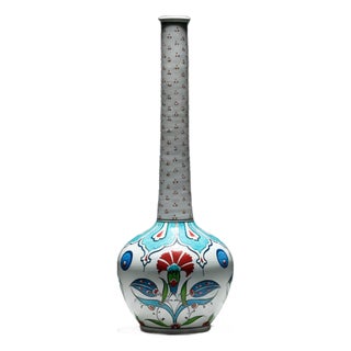 Handmade Ceramic Long-Neck Vase (25cm) – Turquoise Scallop Shoulder & Red Dots – Iznik Decor For Sale