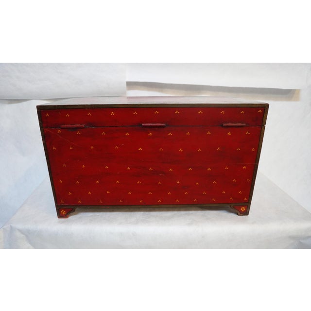 Folk Red Painted Chest With Floral Motifs For Sale - Image 4 of 17