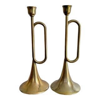 Brass Trumpet Candlestick Holder Pair For Sale