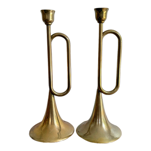 Brass Trumpet Candlestick Holder Pair