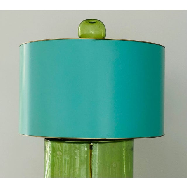 Vintage Stray Dog Design Contemporary Style Handblown Art Glass Lamp With Blue Tole/Metal Drum Shade For Sale - Image 12 of 12