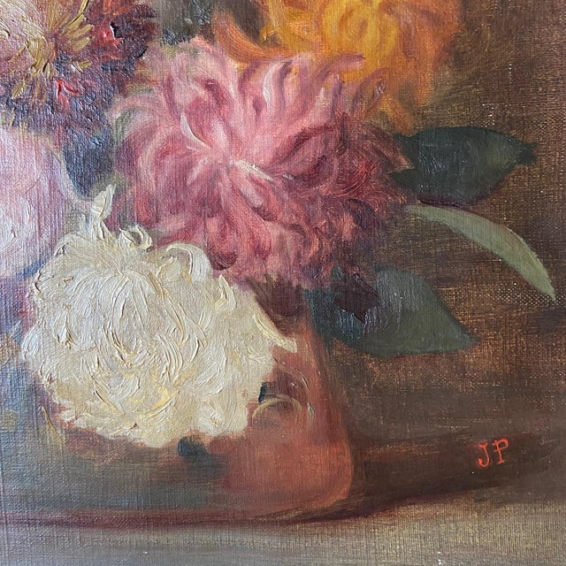 J.P., Still Life of a Vase of Dahlias, 1900, Oil Painting on Canvas For Sale - Image 3 of 10